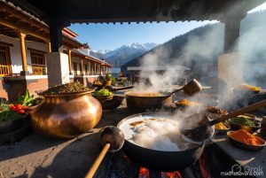 Traditional brass utensils Charoti and Batloi used for cooking Himachali Dham over wood fire in Himalayan village - madhusavara.com
