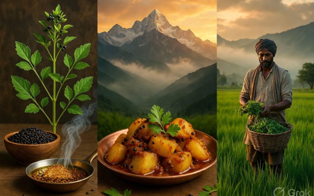 Vibrant collage of Jakhya (Himalayan wild mustard) showing fresh plant, seeds, traditional tadka, Jakhya Aloo recipe, and commercial cultivation in Himalayan mountains