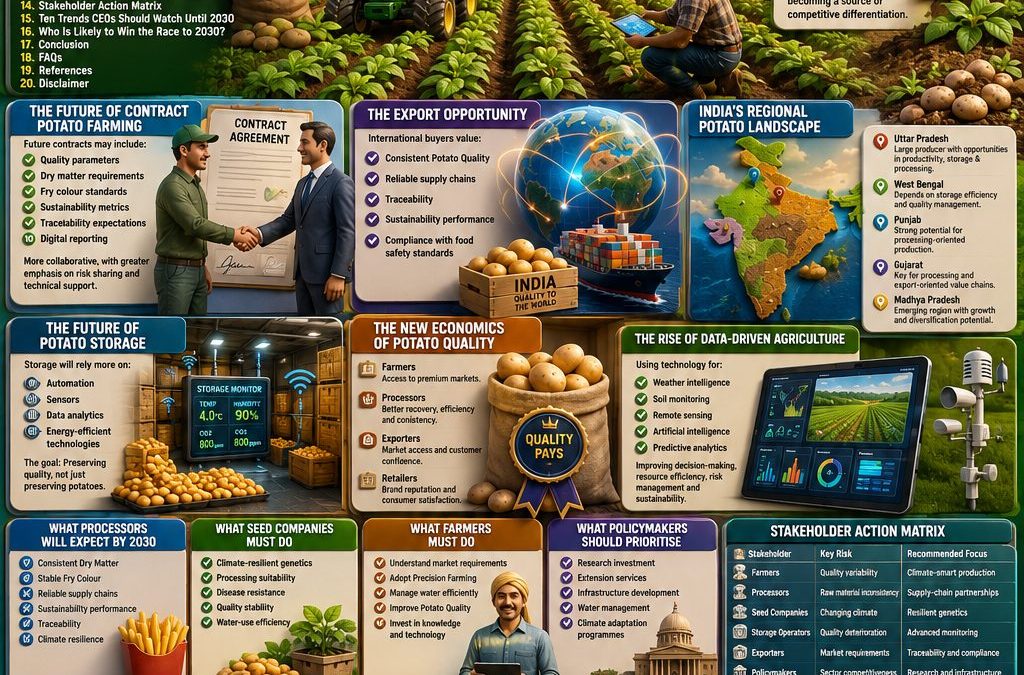 The future of potato farming by 2030, featuring precision agriculture, AI-driven farming, climate-resilient potatoes, contract farming, export opportunities, modern cold storage, sustainability initiatives, potato quality management, Indian potato-growing regions, and collaboration among farmers, processors, seed companies, exporters, and policymakers.