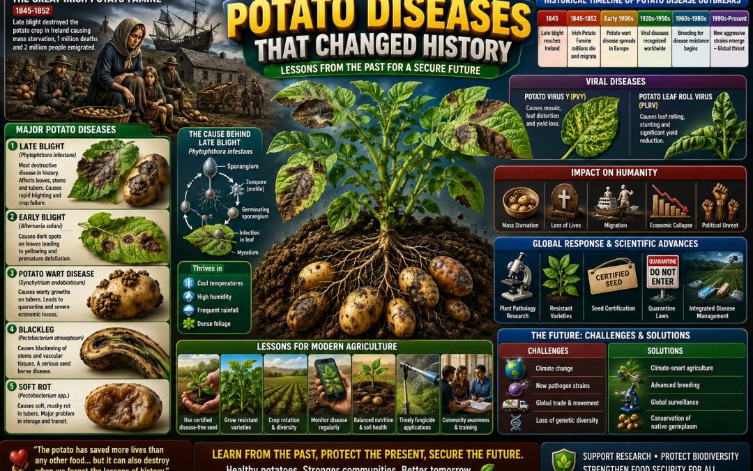 A vibrant 3D educational infographic showing major potato diseases throughout history, including late blight, early blight, potato wart disease, blackleg, soft rot, and potato viruses. The image features diseased potato plants, infected tubers, the Irish Potato Famine, disease life cycles, historical outbreak timelines, scientific research, resistant potato varieties, climate change challenges, and modern disease management solutions for global food security. Watermark: madhusavara.com.