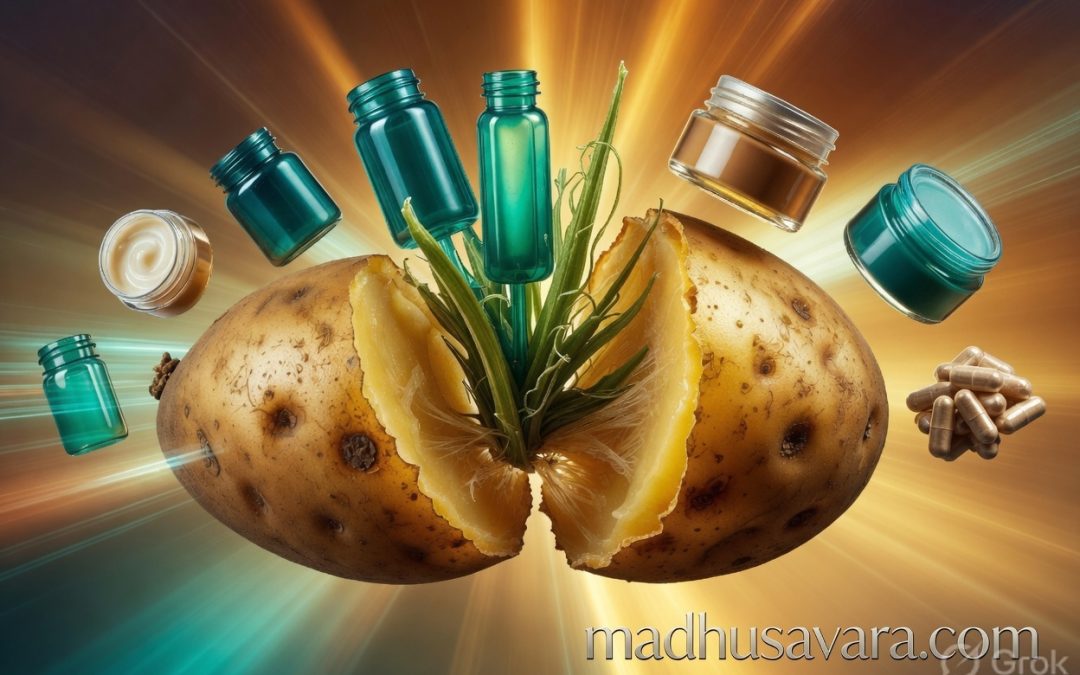 Potato waste valorisation transformation showing a golden potato splitting open into bioplastics, cosmetic jars, pharmaceutical capsules and green haulms, representing circular economy and sustainable potato by-products valorization
