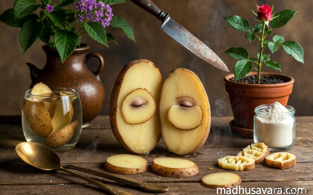 image showing a central cut potato surrounded by its versatile non-food uses including beauty remedies, cleaning hacks, gardening fertilizer, polishing, and crafts.