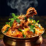 Delicious steaming hot Hyderabadi Chicken Biryani in traditional brass handi, garnished with fresh mint, coriander and golden fried onions, perfect recipe for World Biryani Day by Madhu Savara