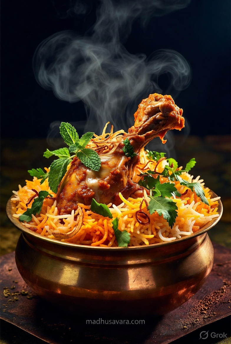 Delicious steaming hot Hyderabadi Chicken Biryani in traditional brass handi, garnished with fresh mint, coriander and golden fried onions, perfect recipe for World Biryani Day by Madhu Savara