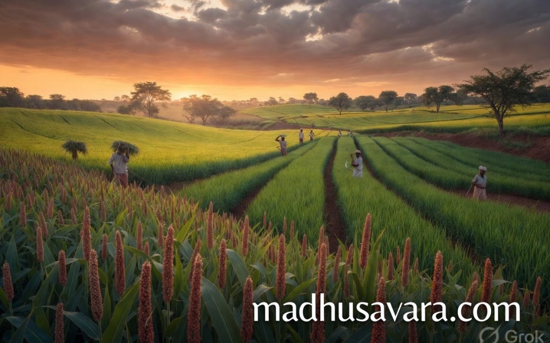 Ragi finger millet fields in Chitradurga Karnataka during golden hour harvest time