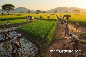 Complete Ragi cultivation process in Karnataka fields showing transplanting and harvesting