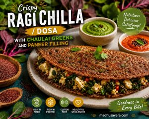 Crispy Ragi Chilla (Ragi Dosa) stuffed with fresh Chaulai Greens and Paneer filling, served on a rustic plate with green and red chutneys. High-resolution food photography featuring vibrant colours, healthy ingredients, and the watermark madhusavara.com.