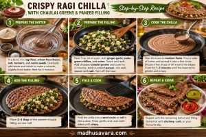 Step-by-step infographic showing how to make Crispy Ragi Chilla with Chaulai Greens and Paneer Filling. The image illustrates batter preparation, cooking the chaulai-paneer filling, spreading ragi batter on a tawa, filling and folding the chilla, and serving the finished dish with chutneys.