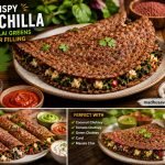 High-resolution 3D food photography collage featuring Crispy Ragi Chilla stuffed with Chaulai Greens and Paneer Filling, served with coconut chutney, tomato chutney, green chutney, curd, and a steaming cup of masala chai. Vibrant colours, rustic presentation,