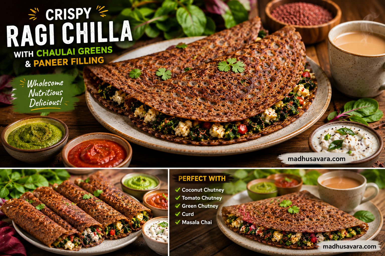 High-resolution 3D food photography collage featuring Crispy Ragi Chilla stuffed with Chaulai Greens and Paneer Filling, served with coconut chutney, tomato chutney, green chutney, curd, and a steaming cup of masala chai. Vibrant colours, rustic presentation,