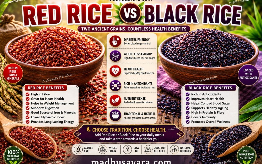 Red Rice vs Black Rice infographic showing nutritional comparison, diabetes benefits, weight loss advantages, heart health support, antioxidants, fibre, protein, and traditional whole grain rice varieties