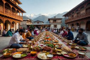 Community Himachali Dham feast during wedding celebration with people enjoying traditional meal in mountain courtyard - madhusavara.com