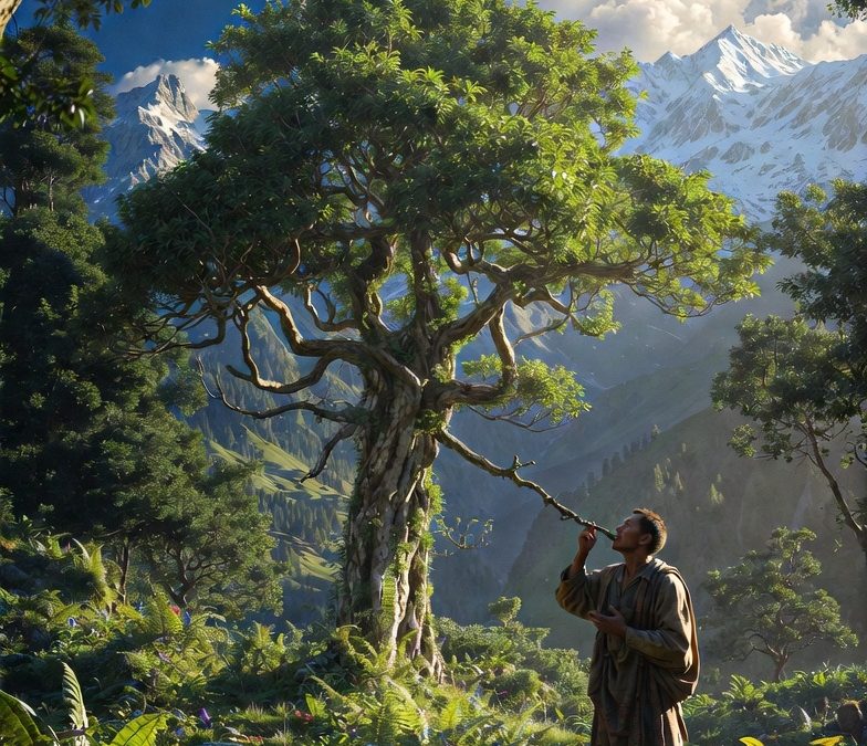 A villager in traditional Himalayan attire using a Timru datun (toothbrush twig) beside a majestic Timru tree (Toothbrush Tree) in a vibrant, biodiverse Himalayan mountain forest. Snow-capped peaks glow under cinematic lighting