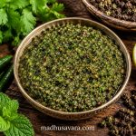 Traditional Himachali Timbur Chutney Recipe served in a handcrafted bowl with Himalayan Timbur spice, fresh coriander, mint leaves, green chillies, and lemon on a rustic wooden surface