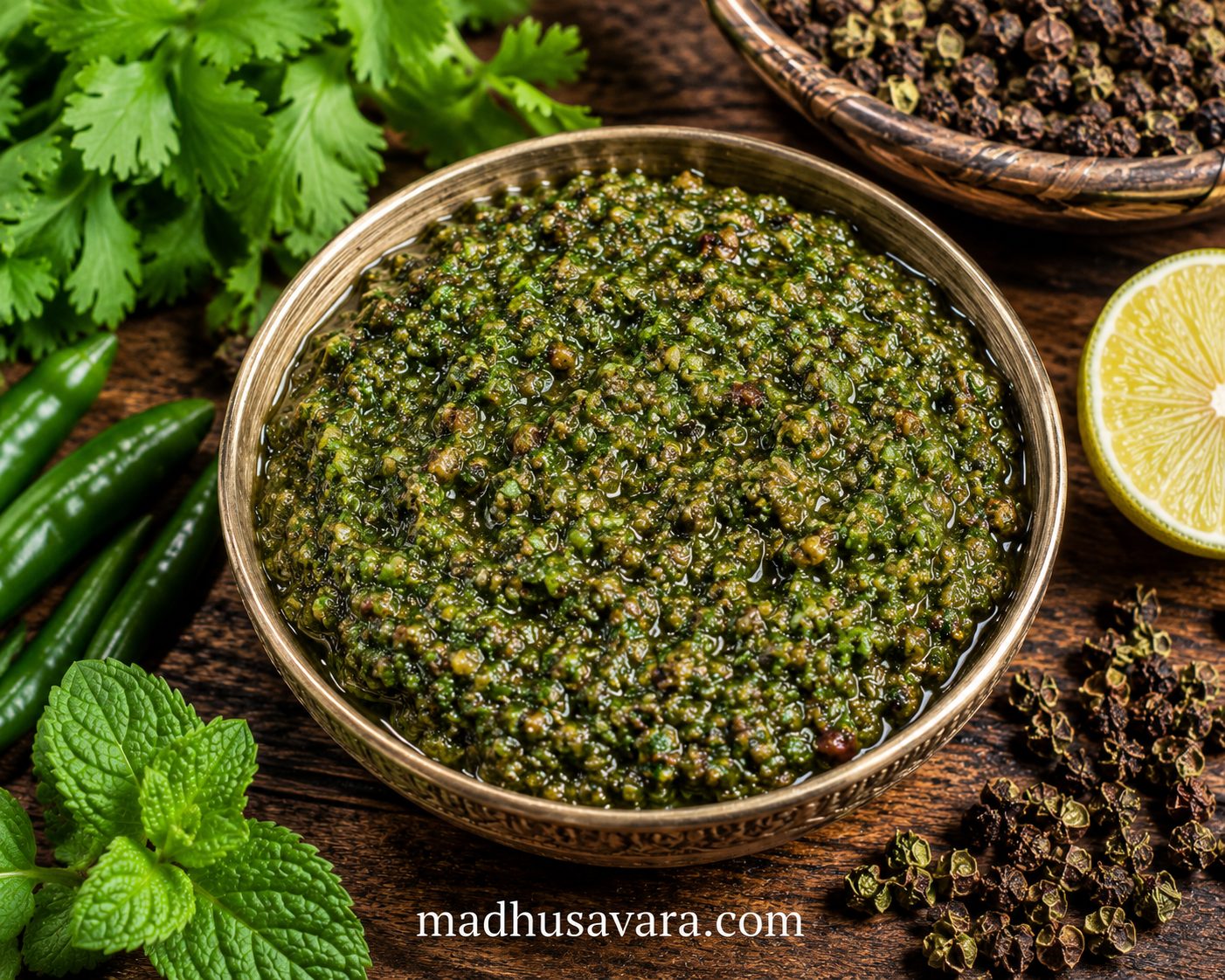 Traditional Himachali Timbur Chutney Recipe served in a handcrafted bowl with Himalayan Timbur spice, fresh coriander, mint leaves, green chillies, and lemon on a rustic wooden surface