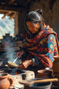 Pahadi woman roasting Bhangjeera seeds in traditional Himalayan kitchen