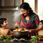 Joyful Indian mother cooking hot Mumbai biryani in kitchen while her two young children watch eagerly