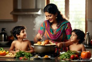 Joyful Indian mother cooking hot Mumbai biryani in kitchen while her two young children watch eagerly