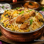 Authentic Arcot Chicken Biryani served in a traditional copper handi with aromatic Seeraga Samba rice, tender chicken, crispy fried onions, fresh mint, onion raita, brinjal dalcha, mint chutney, onion rings, and lemon wedges on a beautifully arranged dining table. High-resolution 3D photographic-style hero image with vibrant colours and madhusavara.com watermark