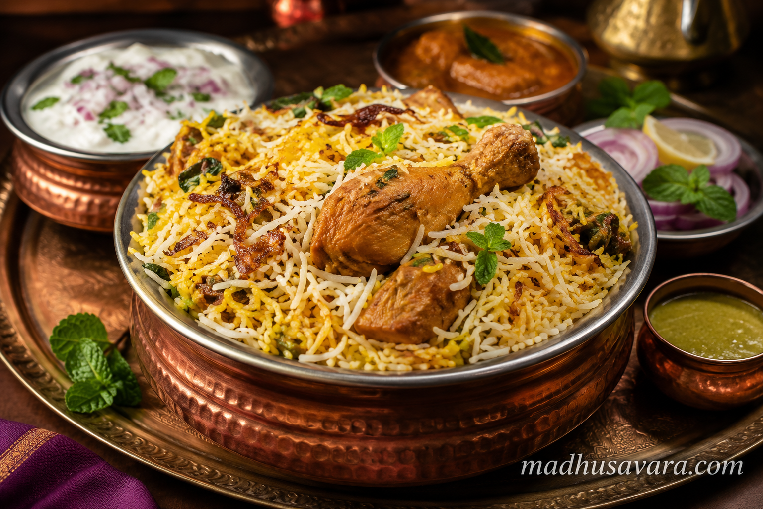 Authentic Arcot Chicken Biryani served in a traditional copper handi with aromatic Seeraga Samba rice, tender chicken, crispy fried onions, fresh mint, onion raita, brinjal dalcha, mint chutney, onion rings, and lemon wedges on a beautifully arranged dining table. High-resolution 3D photographic-style hero image with vibrant colours and madhusavara.com watermark
