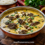 Authentic Gucchi Mushroom Madra served in a traditional brass bolti on a rustic wooden table with steamed rice, desi ghee and Himalayan accompaniments, showcasing the rich flavours of Chambyalli Dham.