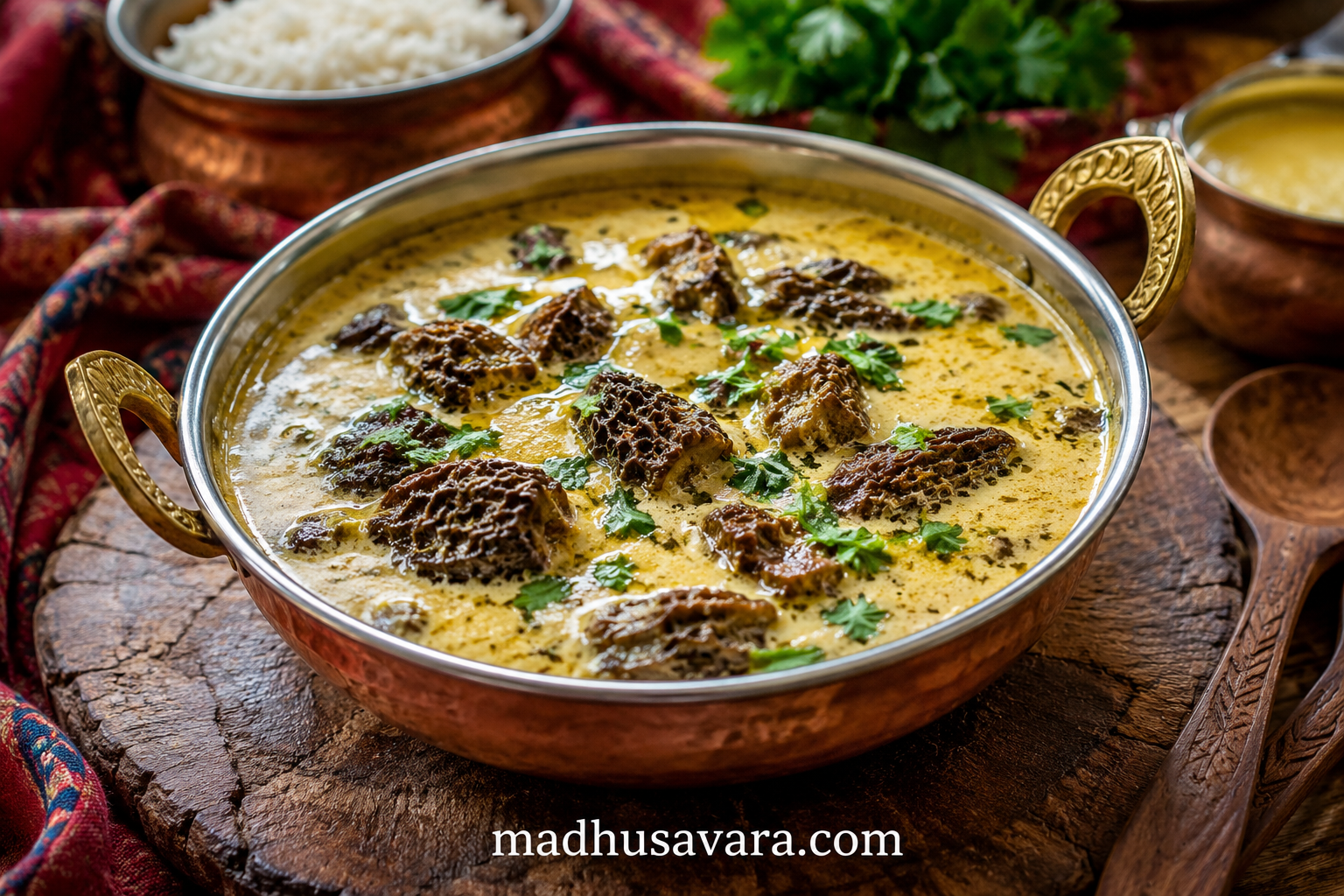 Authentic Gucchi Mushroom Madra served in a traditional brass bolti on a rustic wooden table with steamed rice, desi ghee and Himalayan accompaniments, showcasing the rich flavours of Chambyalli Dham.
