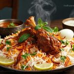 Hot and freshly cooked Dindigul Biryani served on a plate with mutton pieces, boiled egg, lemon wedges, and mint garnish, ready to eat.