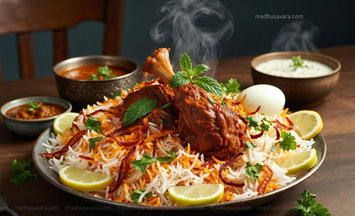 Hot and freshly cooked Dindigul Biryani served on a plate with mutton pieces, boiled egg, lemon wedges, and mint garnish, ready to eat.