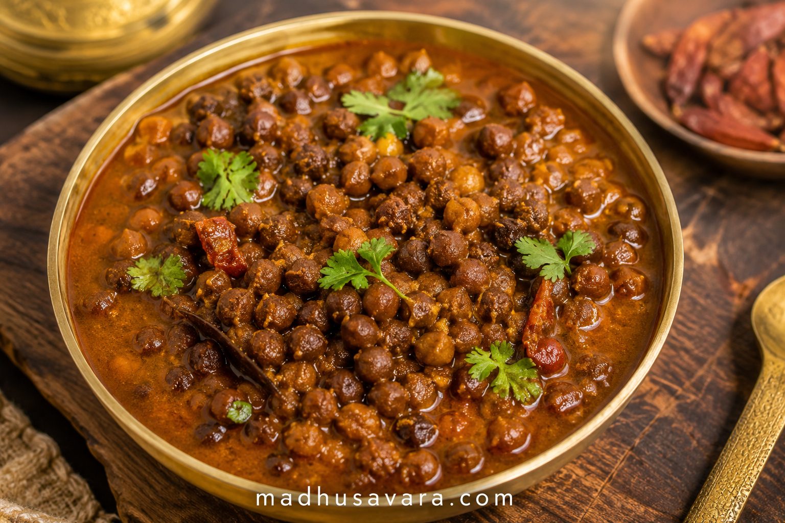 create 3 d vibrant colours using high resolution photographic image authenticated kale chane ka khatta of kangra dham. write watermark "madhusavara.com" at the end of image and no other logo