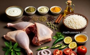 fresh Dindigul Biryani ingredients including seeraga samba rice, mutton, saffron, mint, coriander, and whole spices on a dark background.