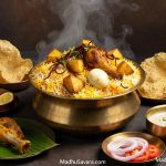 Steaming hot authentic Kolkata Biryani Recipe with chicken, potatoes, boiled eggs, saffron rice and fresh herbs in brass handi