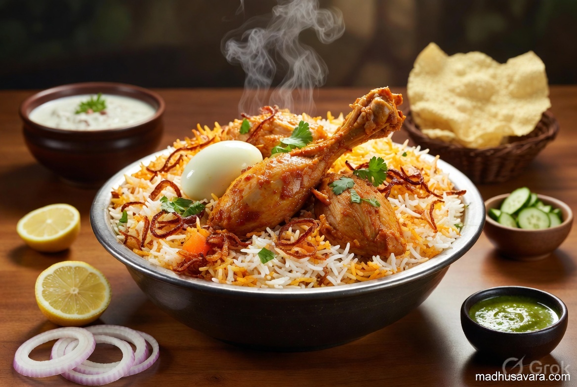 Hot steaming Mumbai Biryani served with raita, papad, lemon, and accompaniments