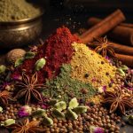 Vibrant pile of authentic homemade Biryani Masala spice mix with whole spices including cardamom, star anise, cinnamon, cloves and rose petals on dark wooden background - madhusavara.com