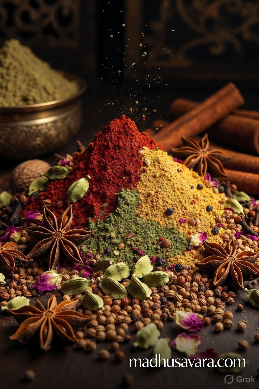 Vibrant pile of authentic homemade Biryani Masala spice mix with whole spices including cardamom, star anise, cinnamon, cloves and rose petals on dark wooden background - madhusavara.com