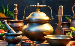 Traditional brass and wooden cooking utensils and pots used for preparing authentic Dindigul Biryani.