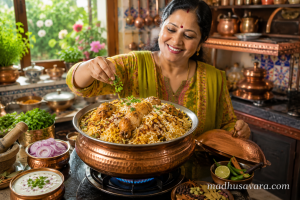 Joyful Indian woman preparing authentic Arcot Chicken Biryani in a traditional copper handi using Seeraga Samba rice in a vibrant kitchen. High-resolution 3D photographic-style image featuring Tamil Nadu's heritage biryani with onion raita, whole spices, fresh herbs,