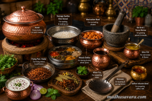 Traditional cooking equipment used to prepare Arcot Chicken Biryani, including a copper handi, stone mortar and pestle, masala dabba, frying kadai, marination bowl, skimmer, saffron bowl, and Seeraga Samba rice vessel arranged in a rustic South Indian kitchen.