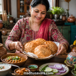 A joyful Indian woman prepares and serves Authentic Himachali Babru in a traditional kitchen. Crispy golden urad dal stuffed breads are served with Chana Madra, curd, green chutney and fresh salad on a rustic wooden table.