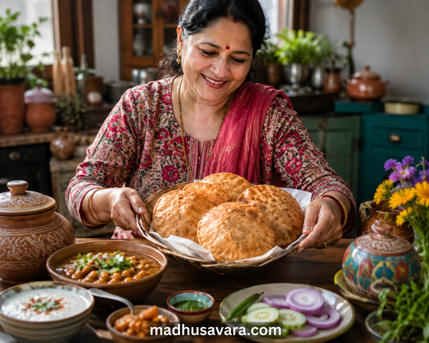 A joyful Indian woman prepares and serves Authentic Himachali Babru in a traditional kitchen. Crispy golden urad dal stuffed breads are served with Chana Madra, curd, green chutney and fresh salad on a rustic wooden table.