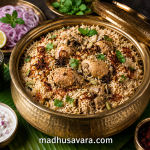 Authentic Beary Biryani served in a traditional brass handi with tender chicken, jeerakasala-style rice, fried onions, fresh herbs, onion raita and Coastal Karnataka accompaniments.