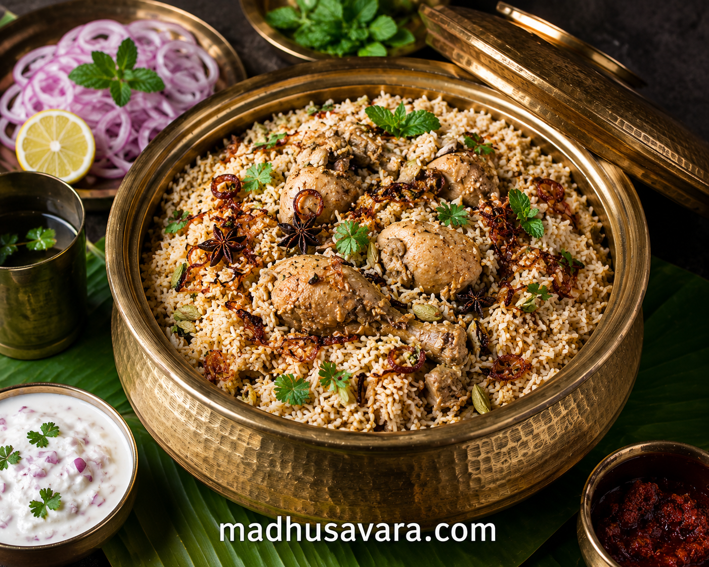Authentic Beary Biryani served in a traditional brass handi with tender chicken, jeerakasala-style rice, fried onions, fresh herbs, onion raita and Coastal Karnataka accompaniments.