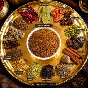 Homemade biryani masala ingredients arranged on a polished brass plate with freshly ground biryani masala in a white bowl at the centre, including cloves, cinnamon, cardamom, star anise, mace, cumin, coriander, fennel, black pepper, bay leaves and dried red chillies.