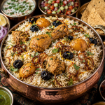 Authentic Bohra Biryani served in a traditional copper handi with tender chicken, potatoes, prunes, fried onions, saffron basmati rice, mint raita, kachumber salad and papad.