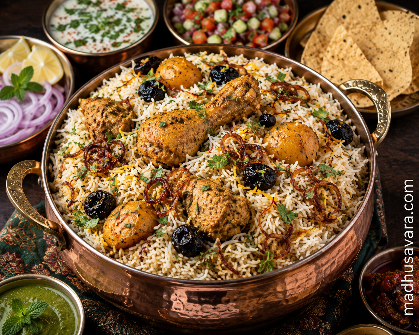 Authentic Bohra Biryani served in a traditional copper handi with tender chicken, potatoes, prunes, fried onions, saffron basmati rice, mint raita, kachumber salad and papad.