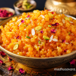Boondi Ka Meetha served in a traditional brass bowl, garnished with saffron, almonds and pistachios,