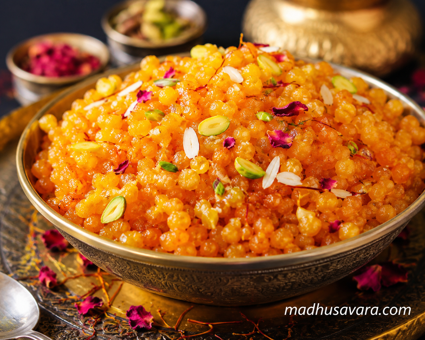 Boondi Ka Meetha served in a traditional brass bowl, garnished with saffron, almonds and pistachios,
