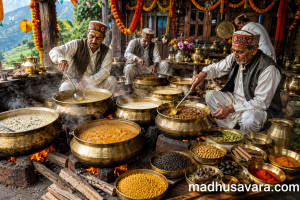 Traditional Chamba Dham being prepared by hereditary Boti cooks in large brass and copper utensils over wood-fired stoves in a Himalayan village courtyard, showcasing the authentic cooking traditions of Chamba, Himachal Pradesh.