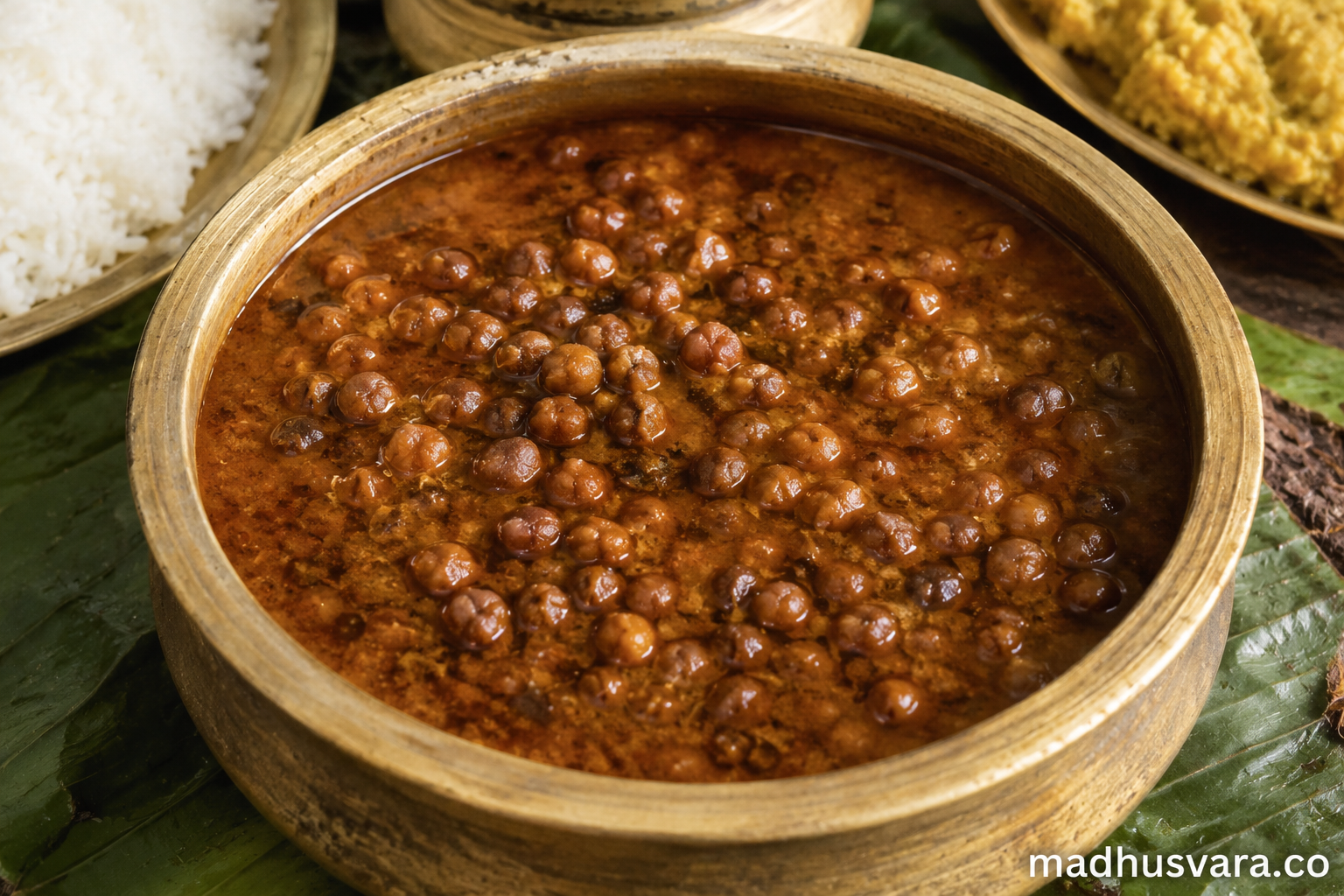 Authentic Chambyali Khatta Recipe served in a traditional brass bowl with steamed rice on a leaf plate, featuring sweet and tangy kala chana prepared in the classic Chamba Dham style.