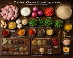 Fresh ingredients for authentic Chettinad Chicken Biryani including Seeraga Samba rice, bone-in chicken, onions, tomatoes, mint, coriander, curry leaves, yoghurt, whole spices and freshly roasted Chettinad masala, arranged on a rustic wooden table.