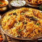 Authentic Chettinad Chicken Biryani served on a plate with fluffy Seeraga Samba rice, tender chicken, onion raita, salna, pickle, papad and lemon wedges on a rustic wooden table.